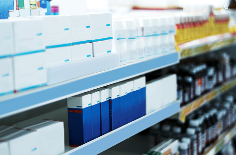 Shelf of medicine boxes